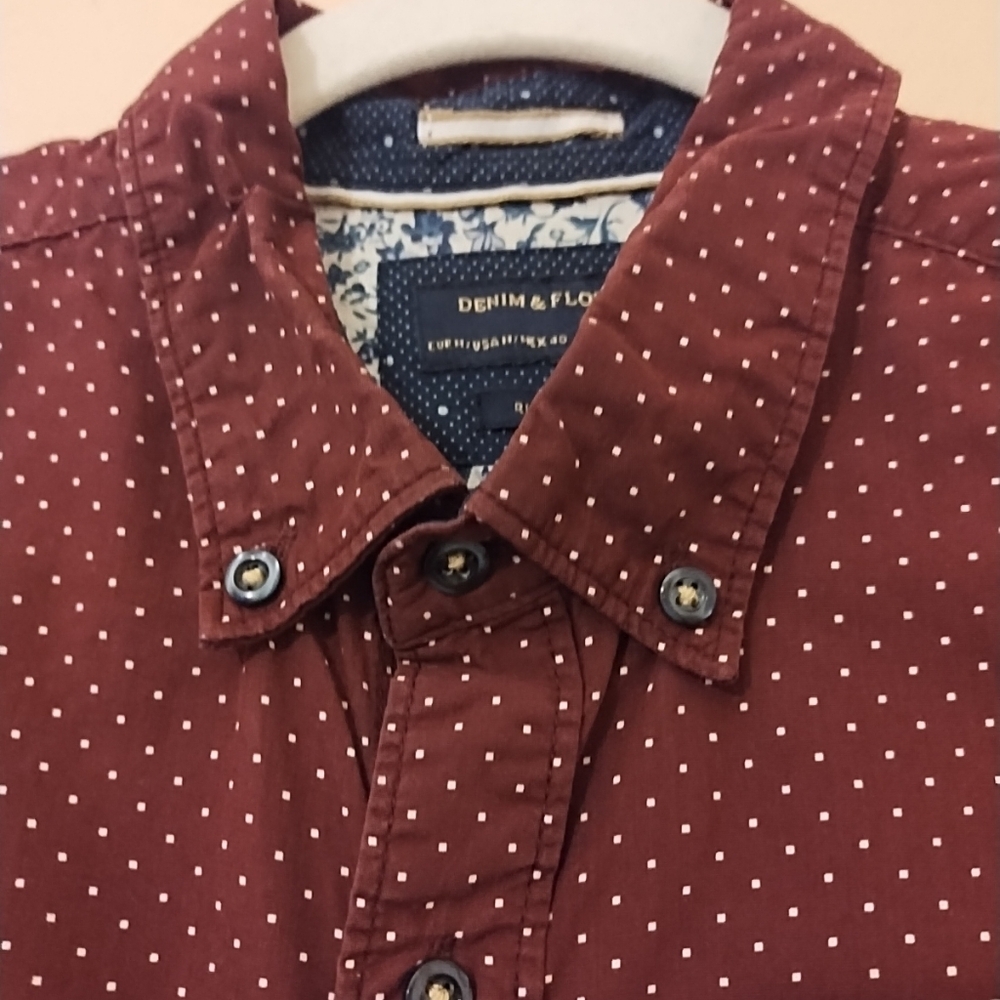 Denim And Flower Men's Burgundy Mini Polka Dots Shirt Size Medium - Picture 5 of 11